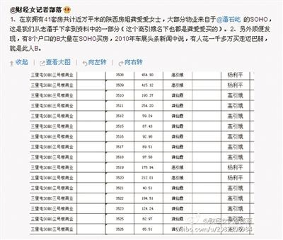 網(wǎng)友“財(cái)經(jīng)女記者部落”微博稱，“房姐”多處房產(chǎn)購(gòu)自潘石屹的SOHO中國(guó)。網(wǎng)絡(luò)截圖