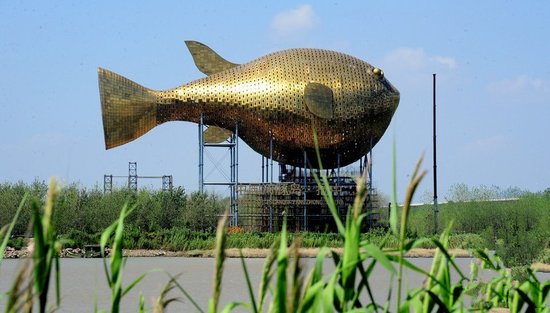 昨天，揚(yáng)中市西沙島，正在施工的河豚塔金光閃閃
