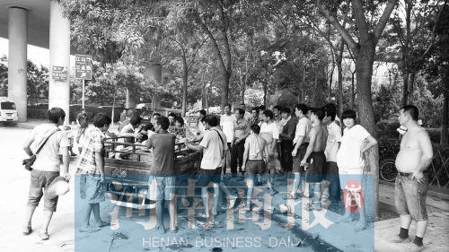 北環(huán)南陽路立交橋下，瓜農(nóng)小秦被打后，附近瓜農(nóng)紛紛圍了上來