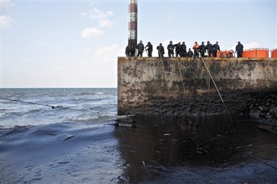 昨日，山東青島，清污人員正在海邊清理油污。