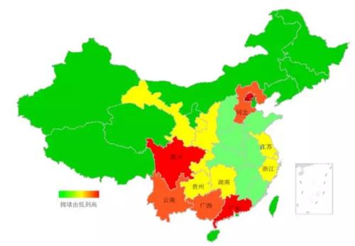端午期間省域擁堵情況。來源：交通部聯(lián)合其他機構發(fā)布的《2018年端午全國公路網(wǎng)出行預測報告》。