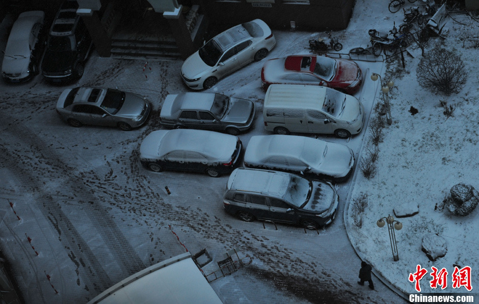 11月18日，沈陽街頭車輛被積雪覆蓋。