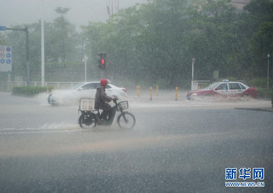 5月11日，車(chē)輛在深圳西麗留仙大道涉水前行。