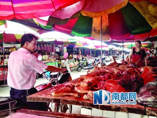  昨日，玉林垌口市場，一位市民在購買狗肉。