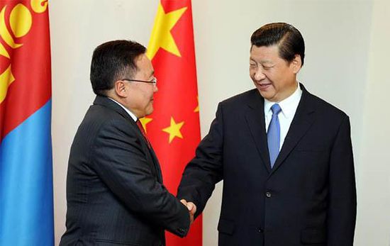 去年9月12日，國(guó)家主席習(xí)近平在比什凱克會(huì)見蒙古國(guó)總統(tǒng)額勒貝格道爾吉。 新華社記者謝環(huán)馳攝