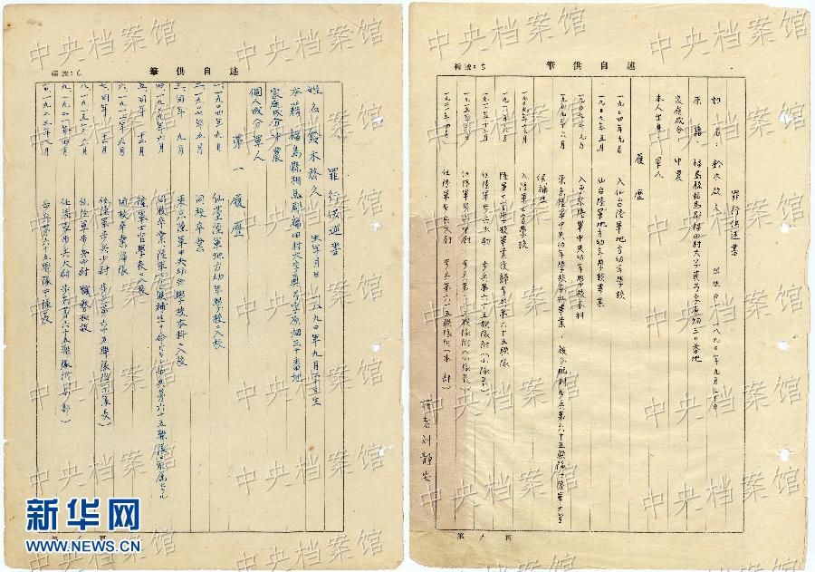 這是日本戰(zhàn)犯鈴木啟久的部分筆供原文（左圖）和鈴木啟久筆供的中文譯文（右圖）。