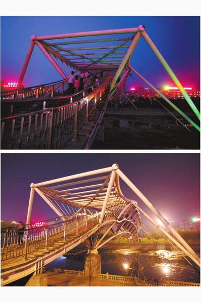 花園路西側(cè)東風(fēng)渠景觀橋，上圖攝于7月31日晚間，下圖攝于10月9日晚間。