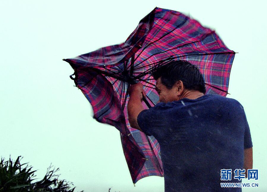 8月8日，福建省石獅市漁民在風雨中前行。