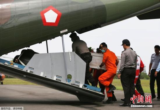 資料圖：當地時間2015年1月19日，印尼龐卡蘭布翁，依斯干達空軍基地，救援隊成員正將裝有亞航失事飛機遇難者尸體的棺材抬上一架CN2950運輸機。