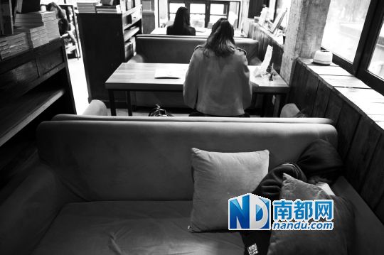 12月12日上午，不打烊書店里，12歲的楊東吃完午飯后抱著抱枕蜷在沙發(fā)里睡覺。