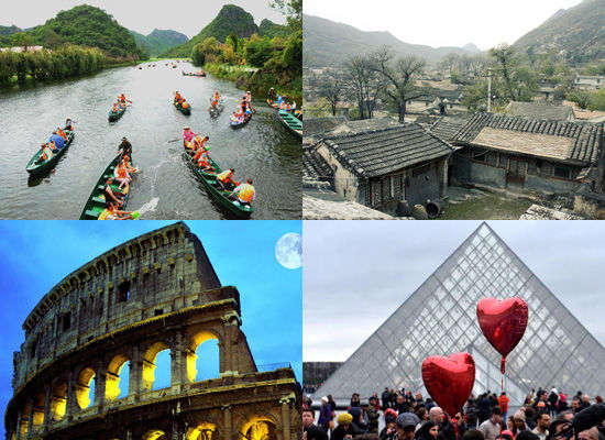 被電視真人秀帶火的旅游景點(diǎn)。左上:云南普者黑;右上:北京靈水村;左下:意大利羅馬;右下:法國巴黎。