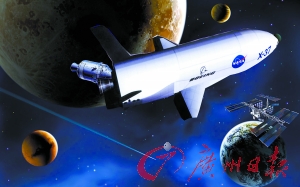 　美國X—37B宇宙飛船在太空中。（合成圖片）